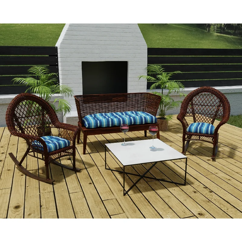 Final Clearance Blue Stripe Outdoor Wicker Cushion Set for Bench and 2 Seats - 18'' L x 44'' W x 4'' H