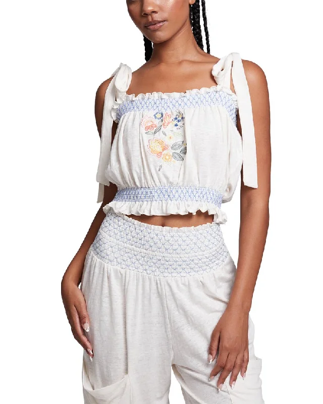 Price Reduction Chaser Linen-Blend Embroidery Crop Top