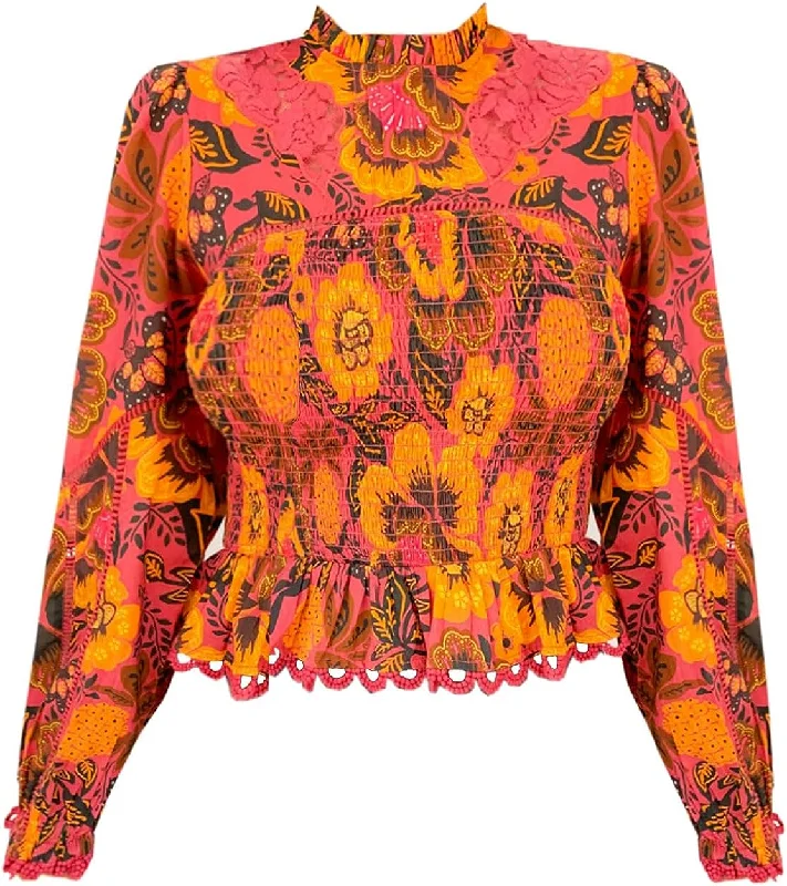 Today’s Deal Farm Rio Women Garden Bloom Blush Smocked Long Sleeve Top Blouse