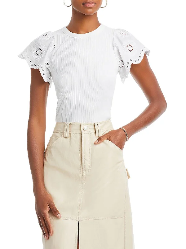 Bonus Savings Reza Womens Ribbed Flutter Sleeves Pullover Top